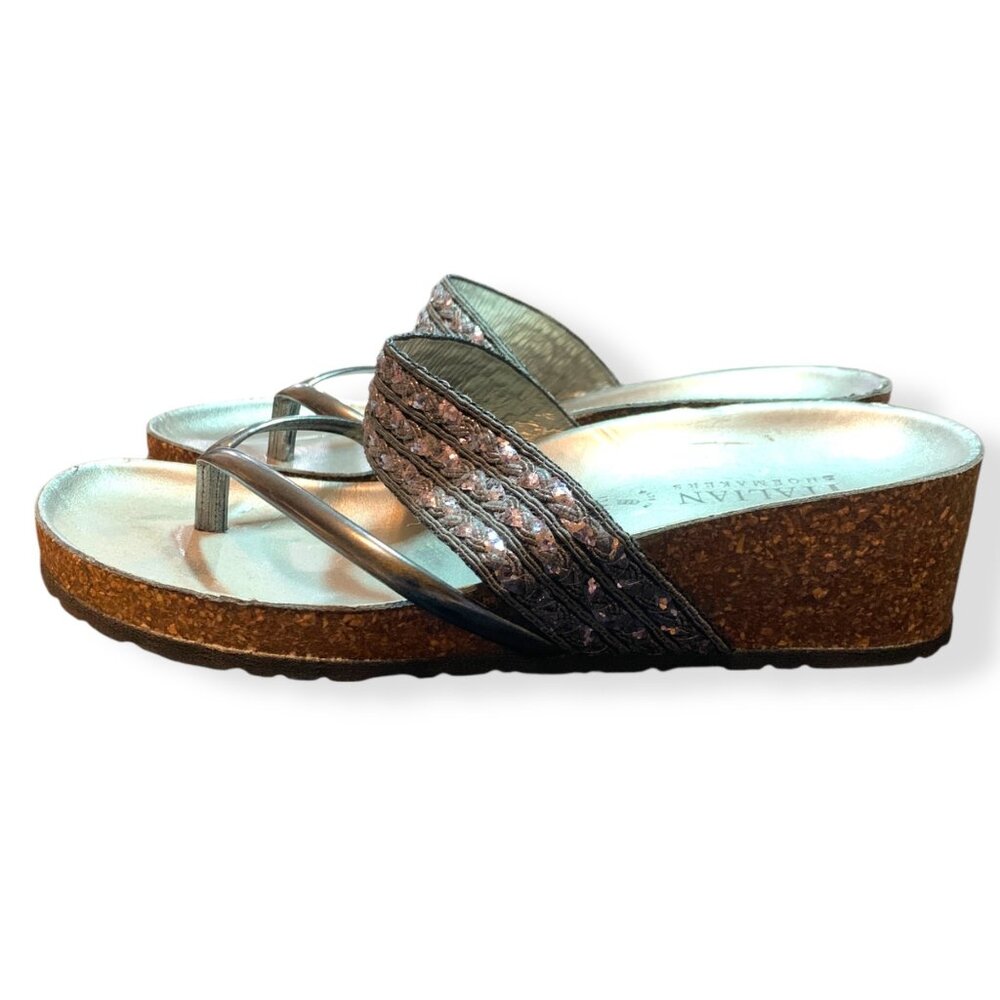 Italian Shoemakers Sandals Slide On Silver Metallic Embroidered Wedge‎ 7.5 Boho